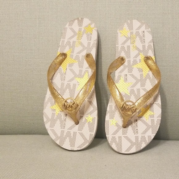 MICHAEL Michael Kors Shoes - Michael Michael Kors white & gold flip flops